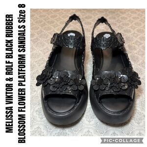 MELISSA VIKTOR & ROLF BLACK RUBBER BLOSSOM FLOWER PLATFORM SANDALS Size 8